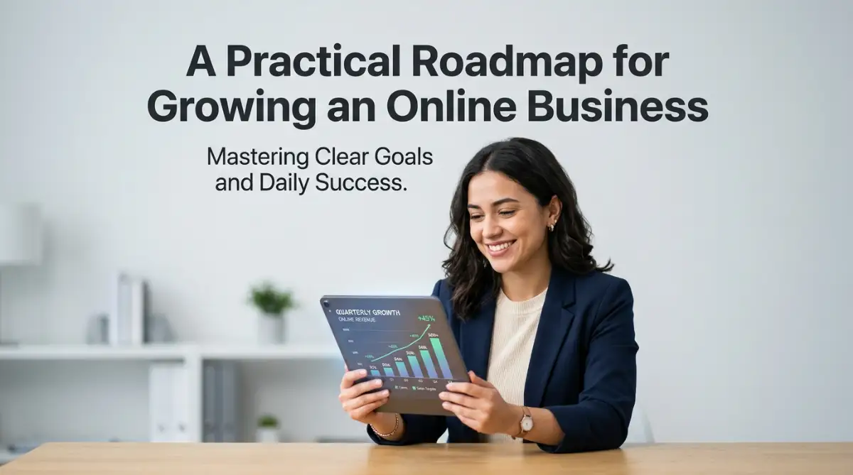 A professional guide showing a roadmap for growing an online business with clear goals and consistent progress.