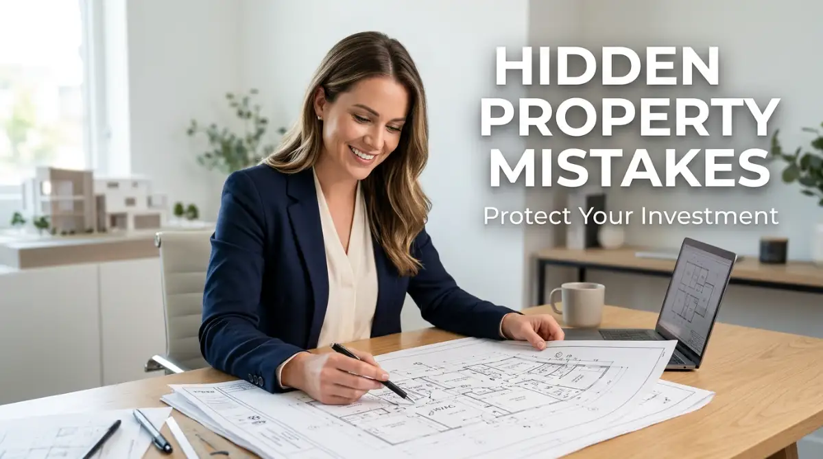 A smart young woman looking at house blueprints, highlighting the hidden mistakes that can turn a dream property into a costly long-term problem for homebuyers